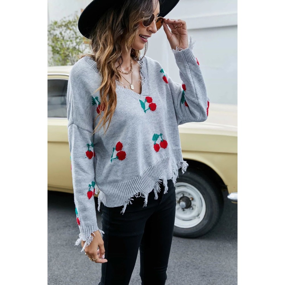 Polly &‎ Esther Cherry Sweater V Neck Knit Pullover Distressed Gray Medium